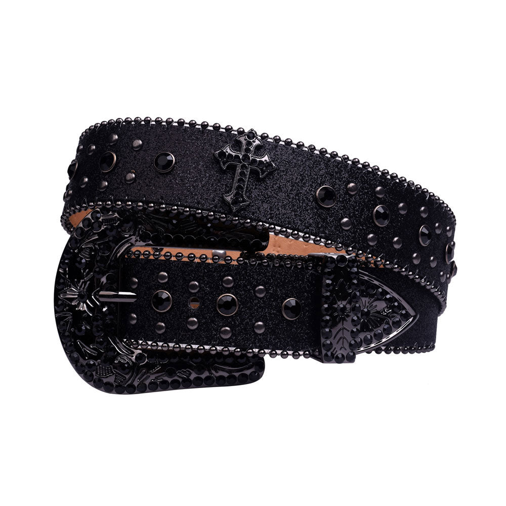 Black Rhinestone Cross Belt with Western Buckle - Trendy Accessory