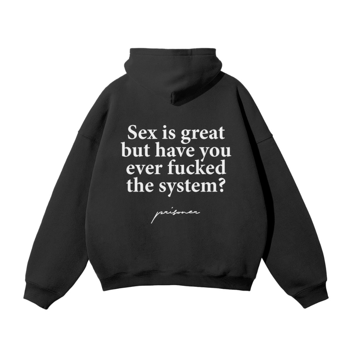 Black oversized hoodie with statement typography design - unisex streetwear