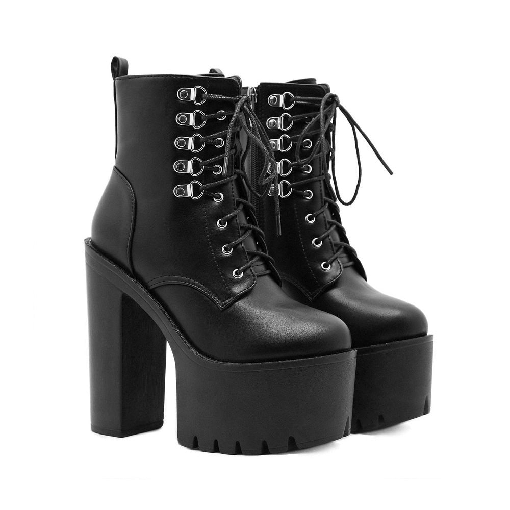 Black High Heel Lace Up Platform Ankle Boots