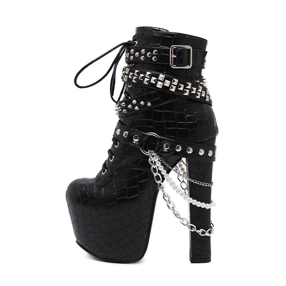 Lace Up Ankle High Heel Boots with Chains - Womens Punk Rock Shoes