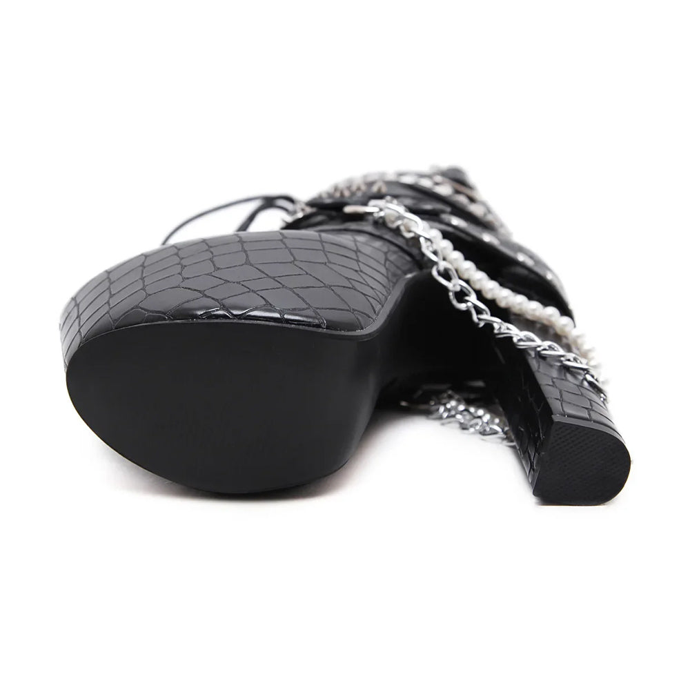 Lace Up Ankle High Heel Boots with Chains - Womens Punk Rock Shoes