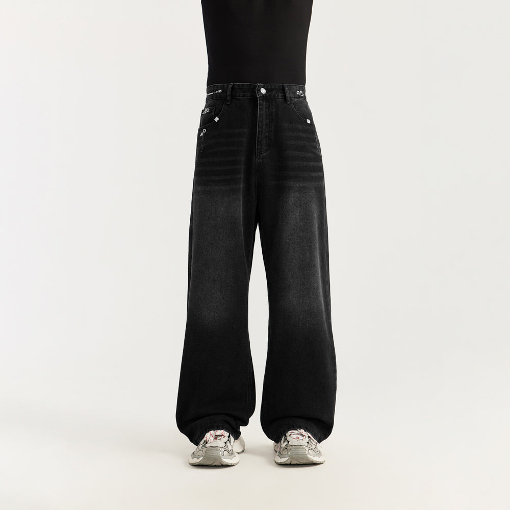Vintage Style Black Wide Leg Jeans - Trendy Metal Patched Denim Pants