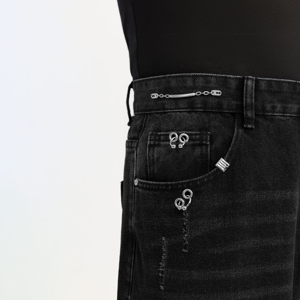 Edgy Black Jeans with Metal Embellishments - Retro Wide Leg Denim