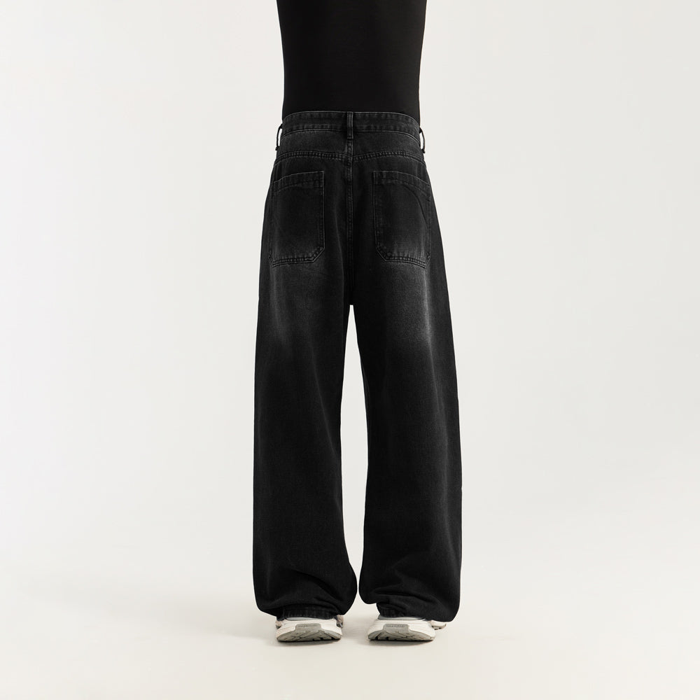 Fashionable Black Wide Leg Denim Pants with Metal Patches