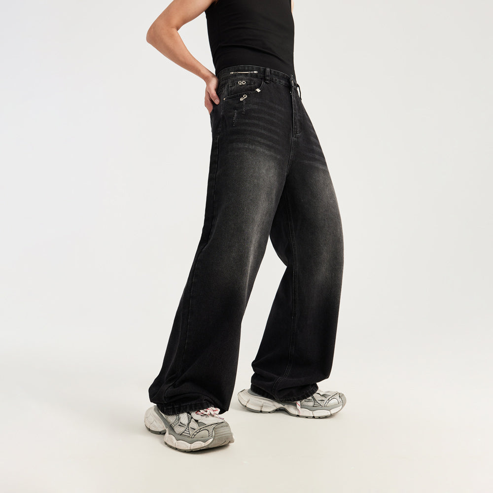 Vintage Inspired Black Denim Jeans - Wide Leg Metal Patched Pants