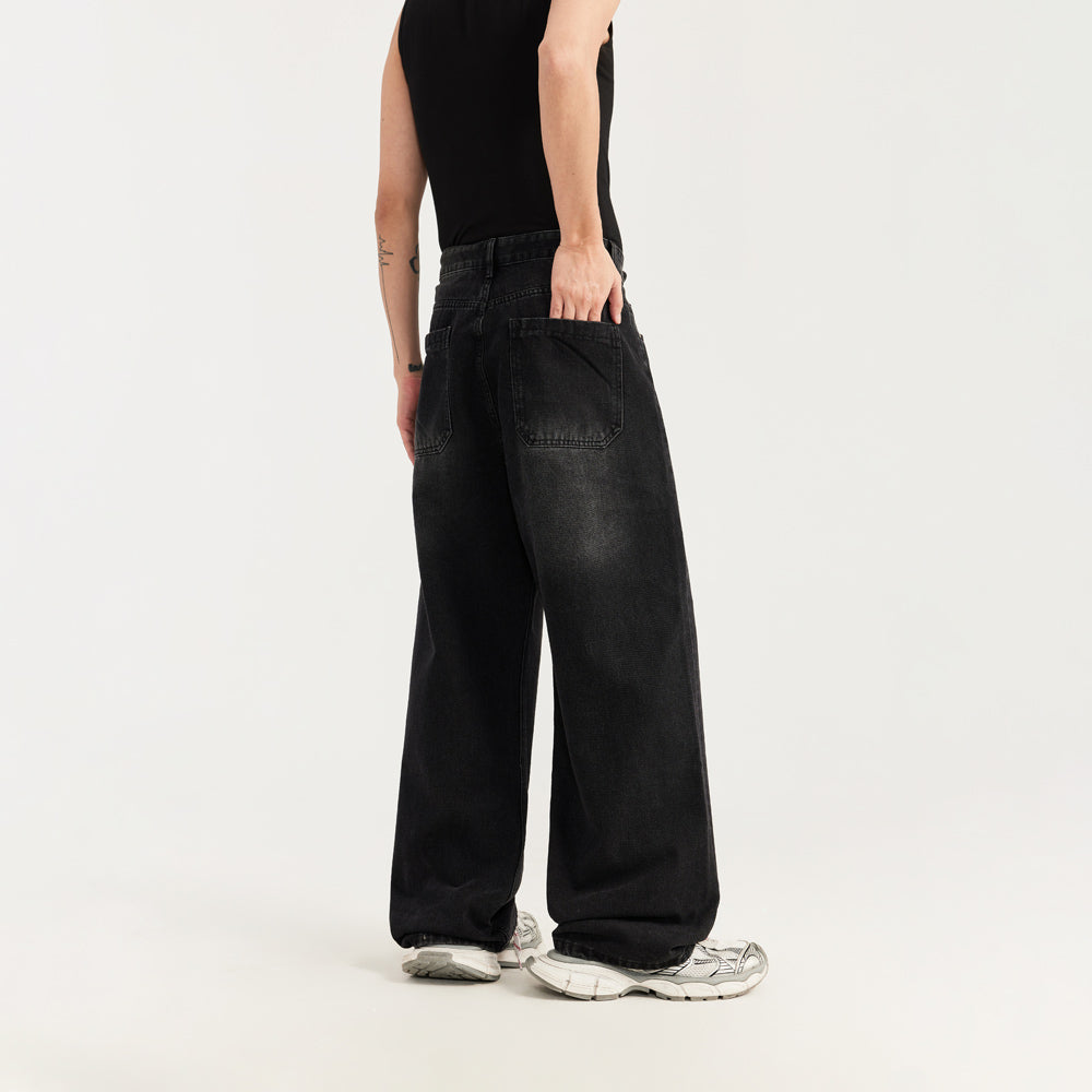 Chic Black Wide Leg Jeans - Retro Style with Metal Patches