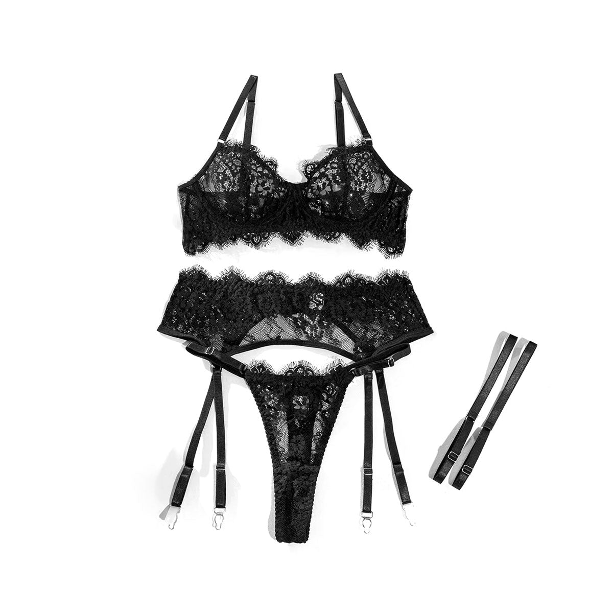 Black lace lingerie set 4 pieces - sexy bra panties garter belt thigh straps