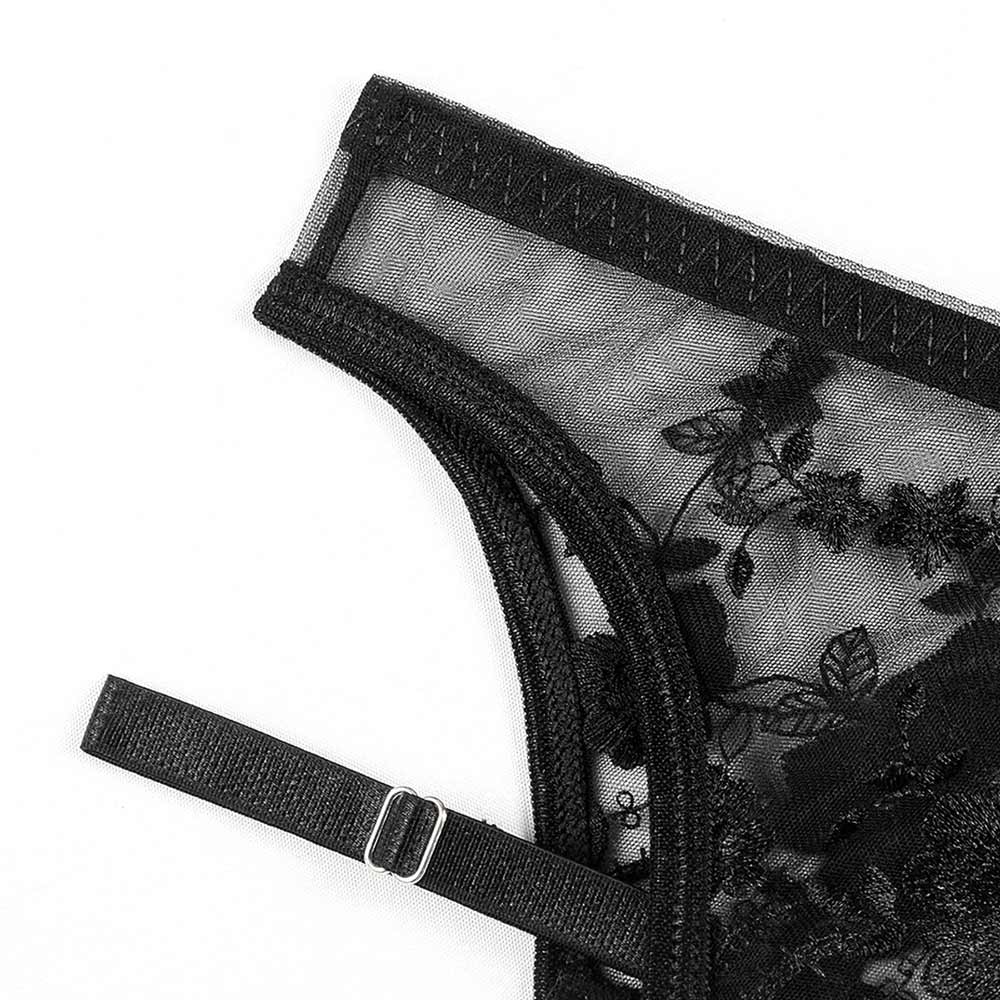 Erotic black lace lingerie set with floral accents