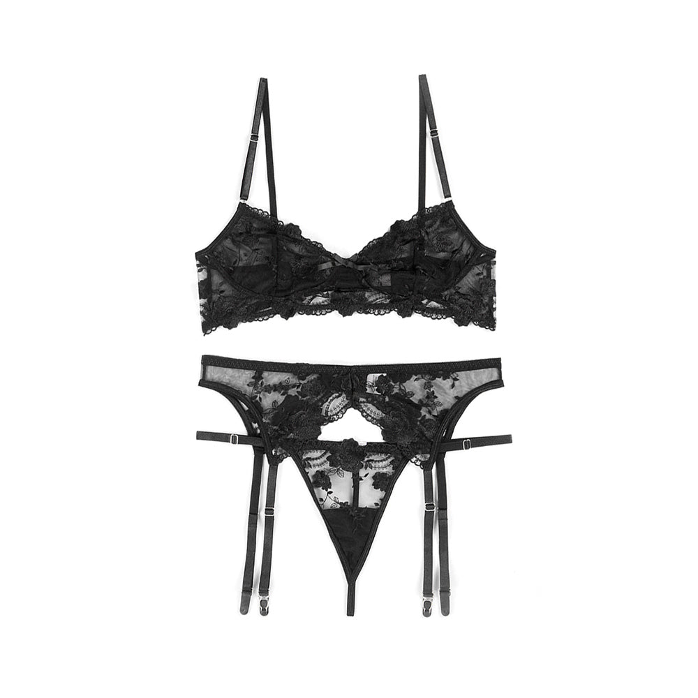 Lingerie set featuring elegant black lace and floral motifs