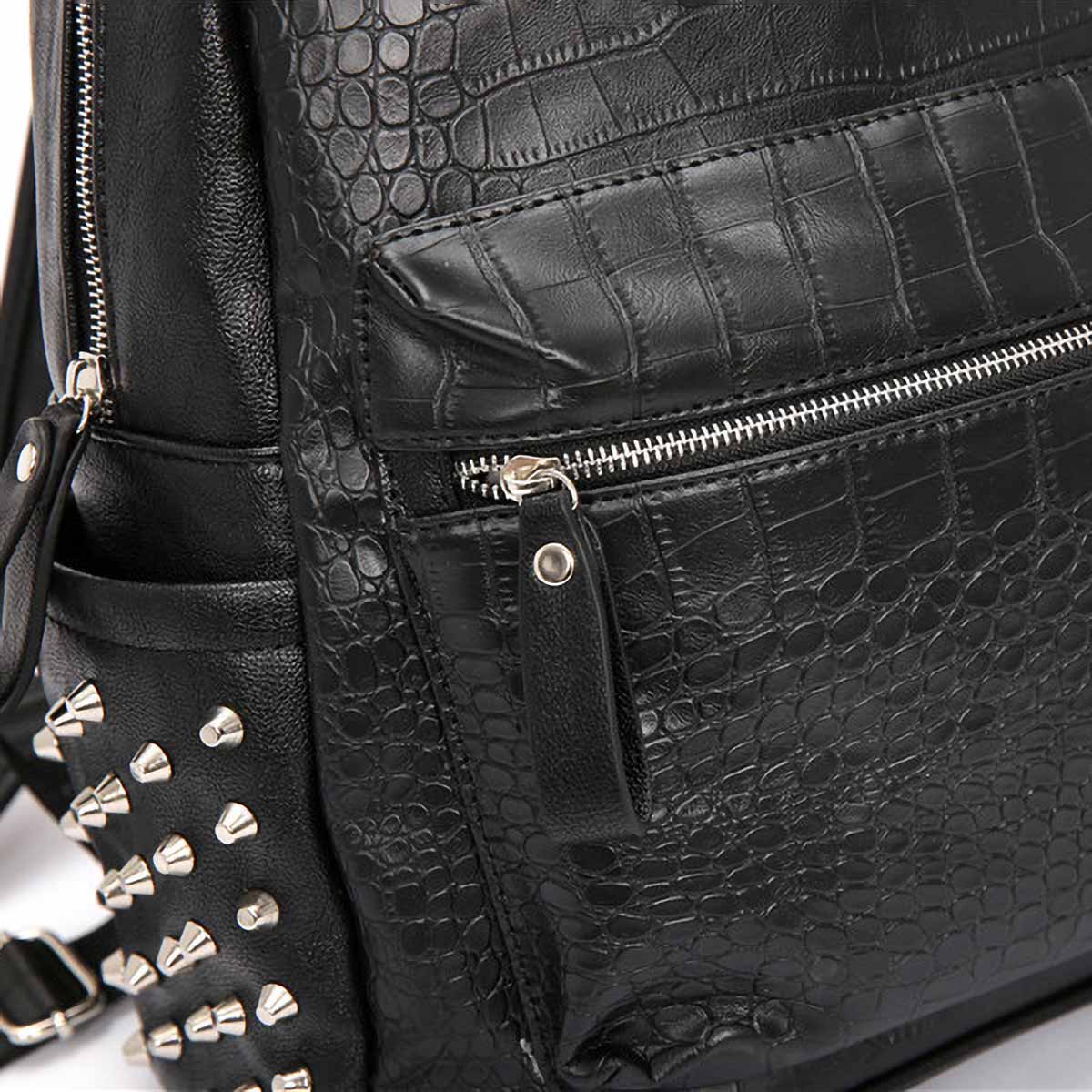 Close-up of zipper closure on black leather studded backpack