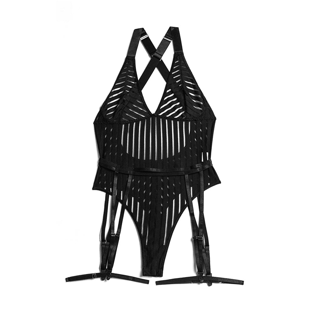 Criss Cross Back Bodysuit with Garter Belt and Leg Straps