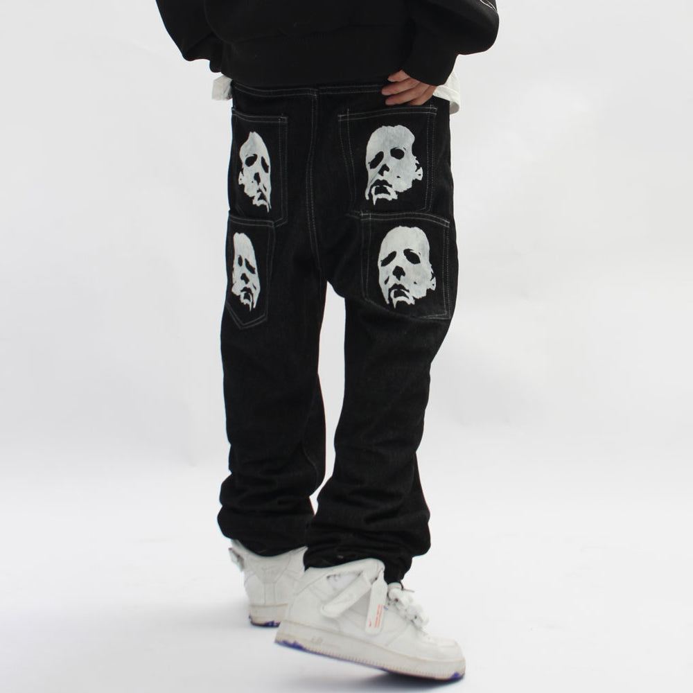 Faces Mid Waist Baggy Jeans - Gothic Loose Fit Denim Pants