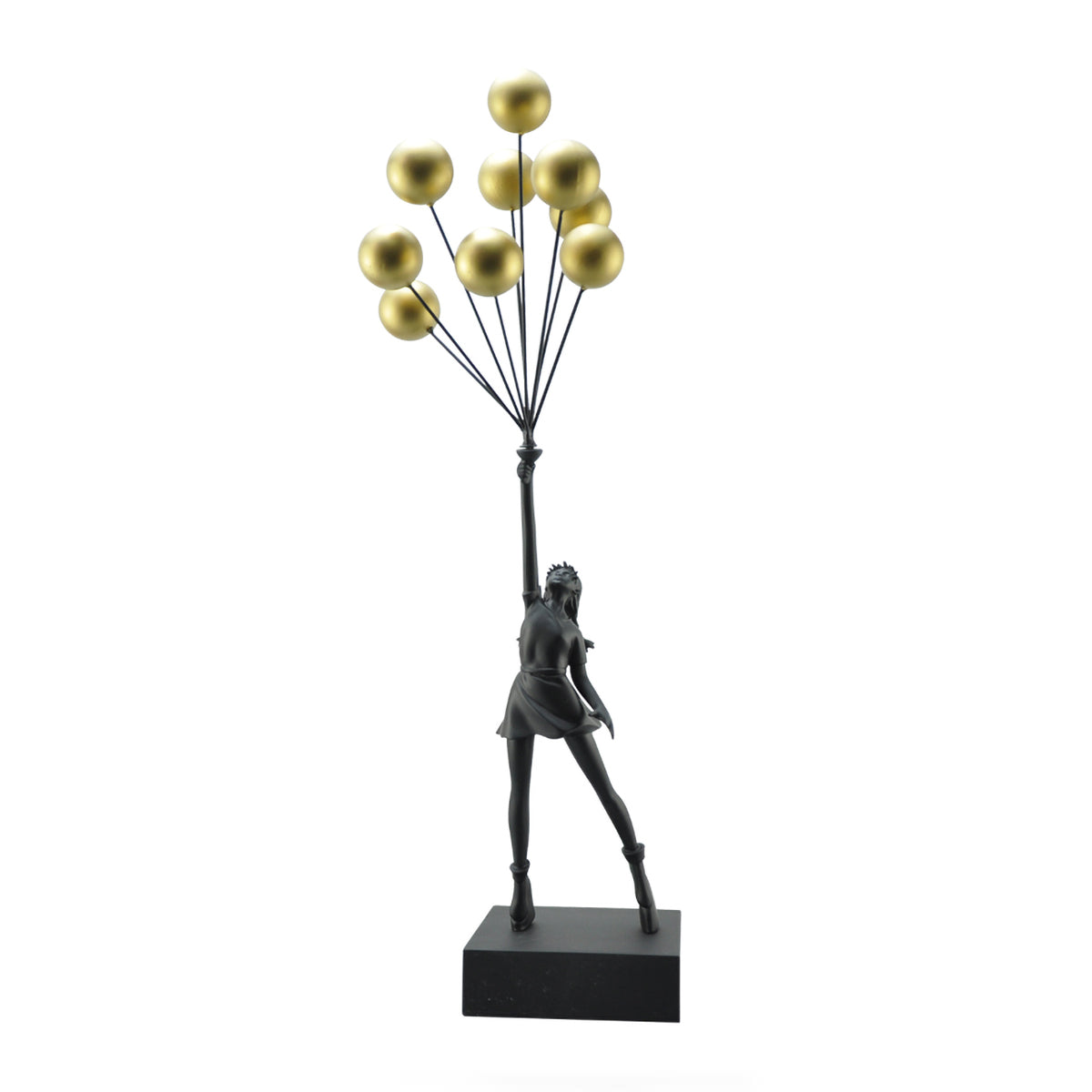 Black Flying Balloon Girl Banksy Statue with gold balloons, urban art sculpture #color_black - gold