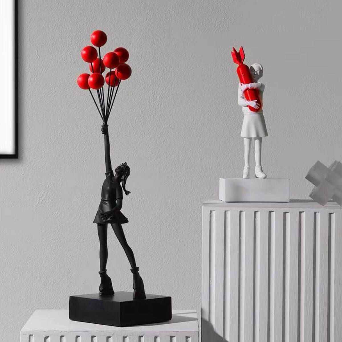 Flying Balloon Girl Banksy Sculpture with Red Balloons