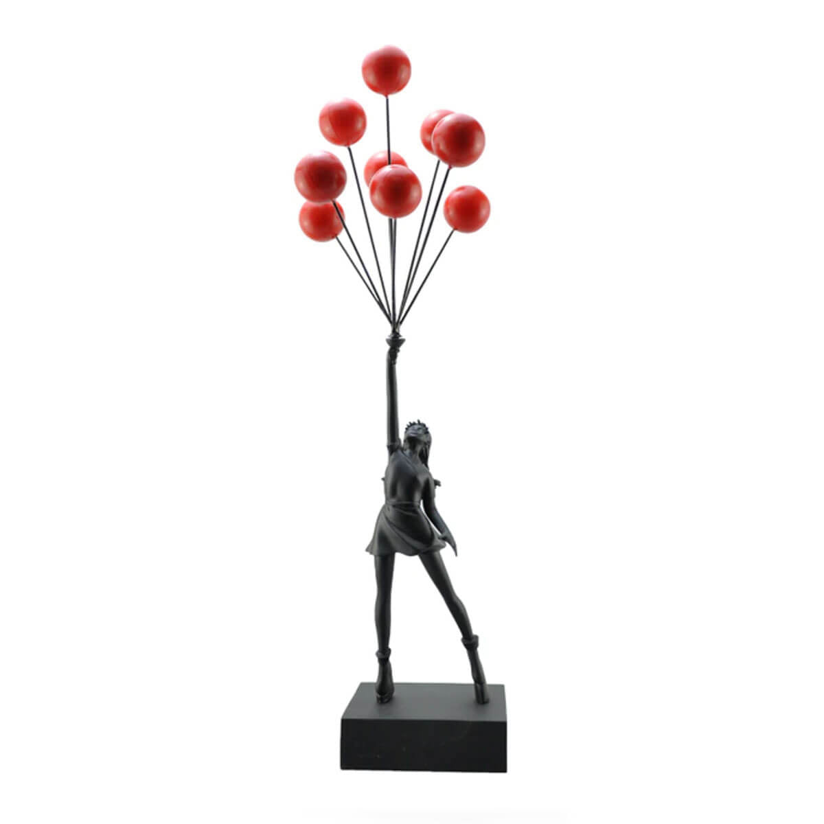 Black Flying Balloon Girl Banksy Statue with red balloons, urban art sculpture #color_black - red