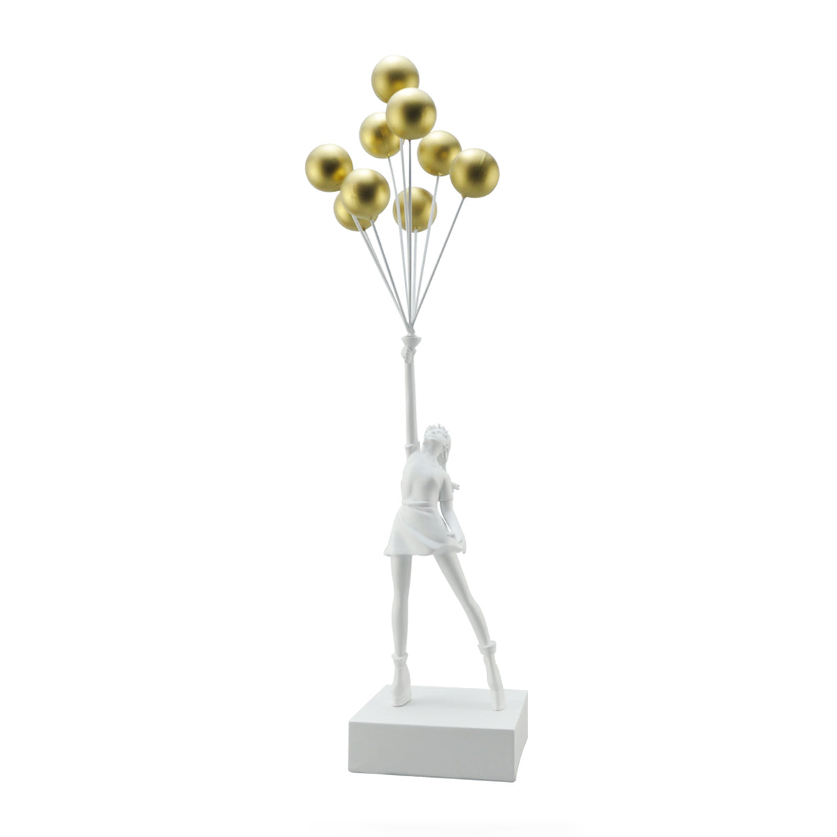 White Flying Balloon Girl Banksy Statue with gold balloons, modern art sculpture #color_white - gold