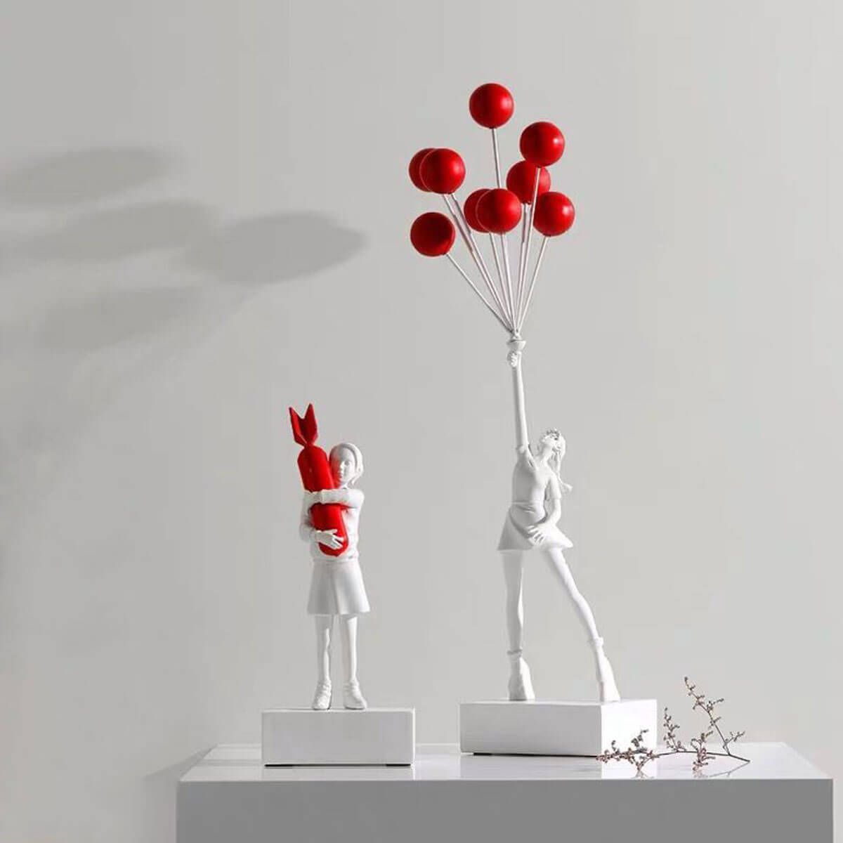 White Flying Balloon Girl Banksy Sculpture with Red Balloons