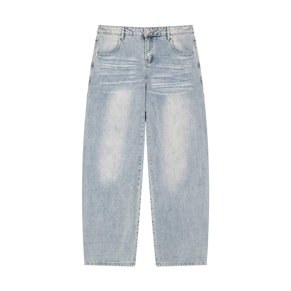 Flat lay of light blue baggy wide leg jeans, front, with faded vintage wash, whiskering and zip fly