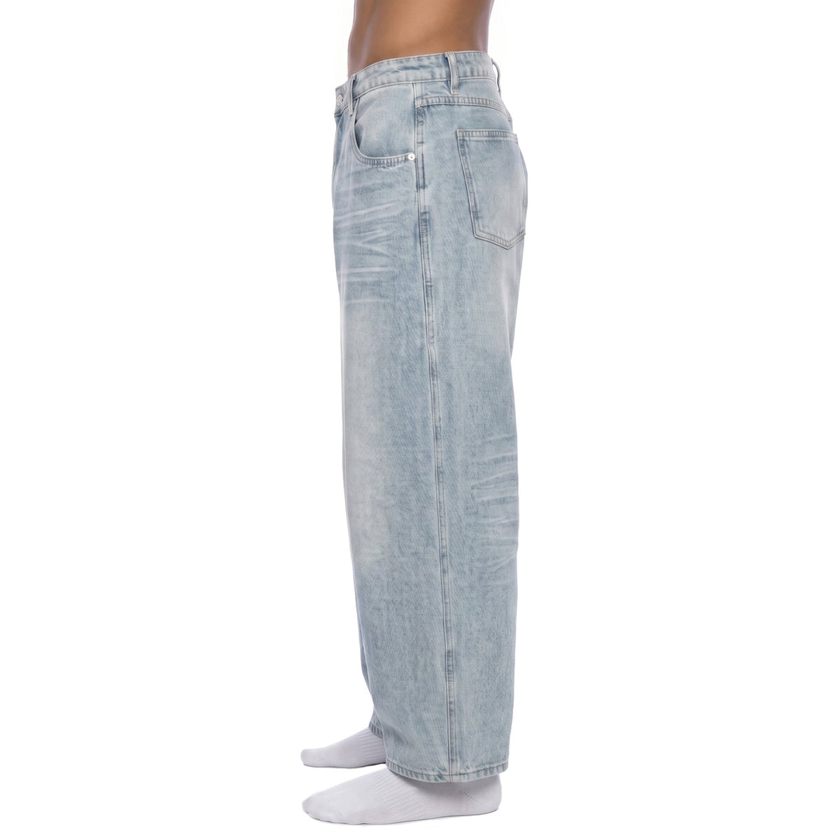 Side view of light blue baggy wide leg jeans showing full-length straight leg drape