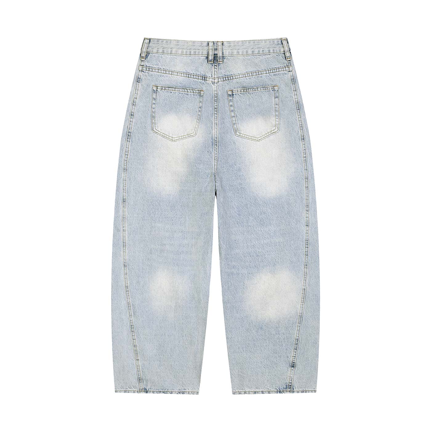 Flat lay of light blue balloon leg denim pants, back view showing five-pocket design