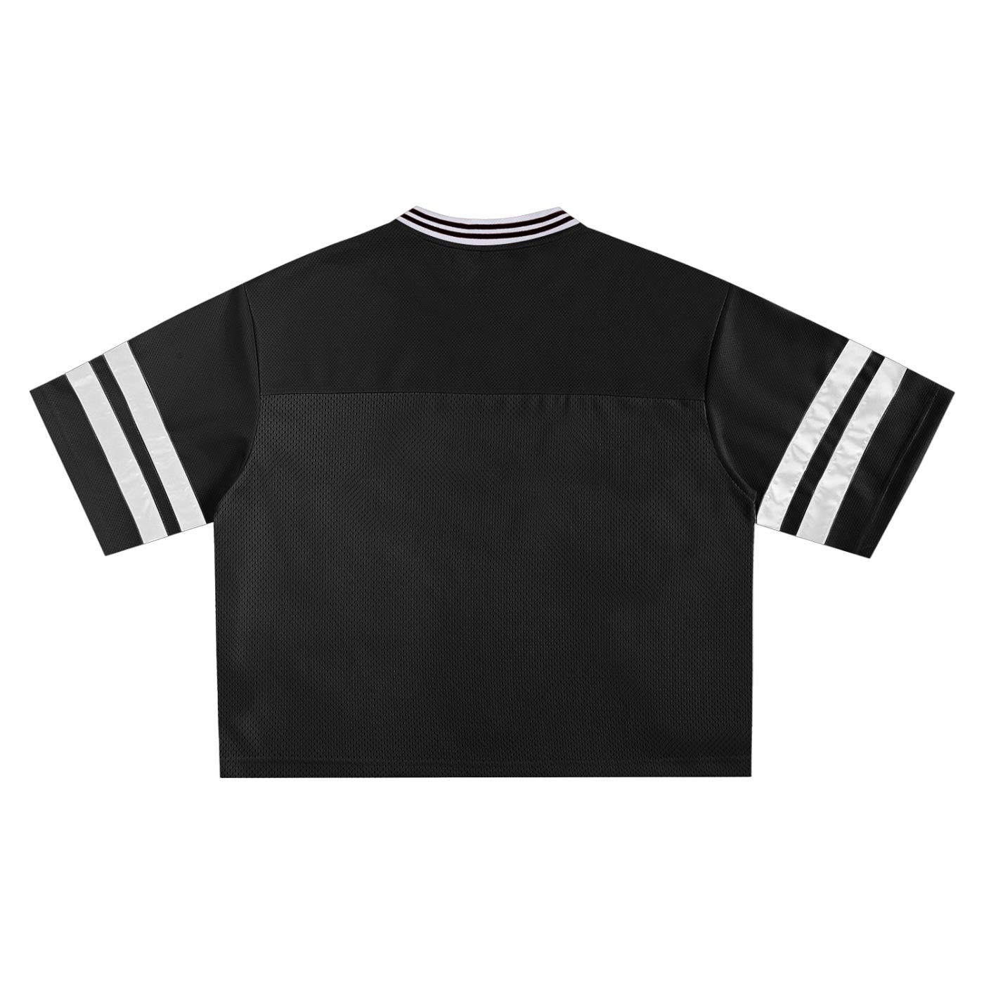 Mesh Boxy Jersey Tee in black – back view of oversized football shirt with striped rib collar and taped sleeve stripes