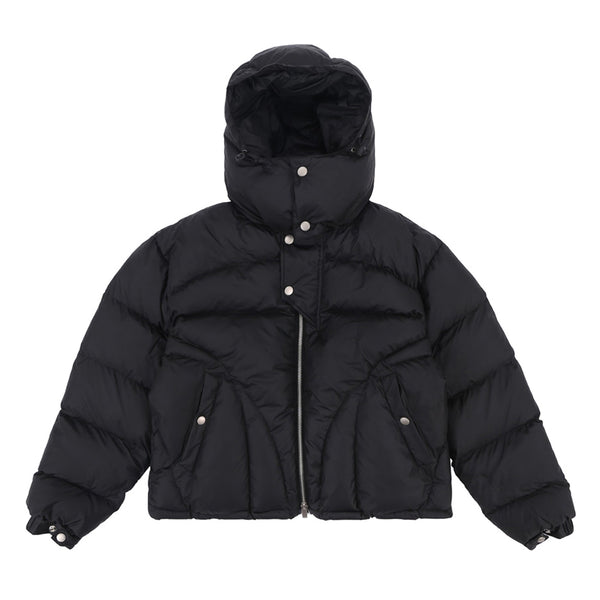 Black Hooded Puffer Jacket - Front View