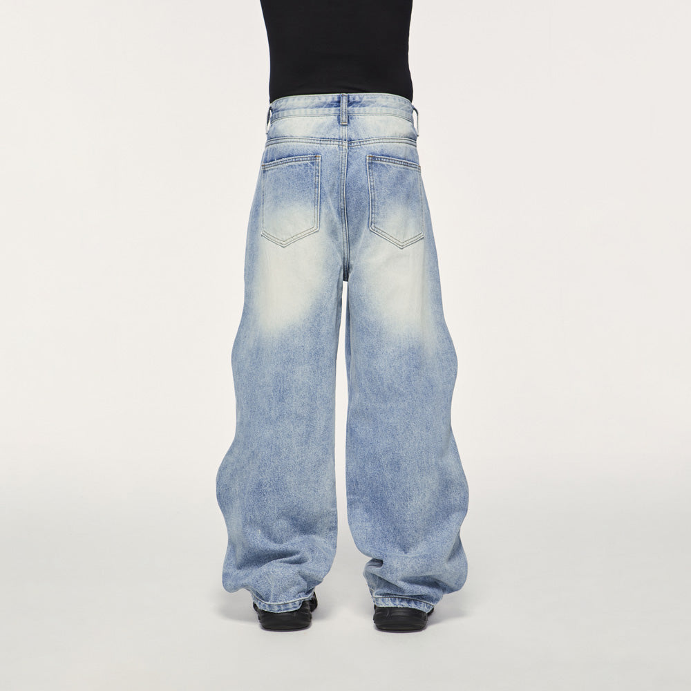 Back view of Retro Denim Boyfriend Jeans, highlighting the wide leg design and classic denim aesthetic.