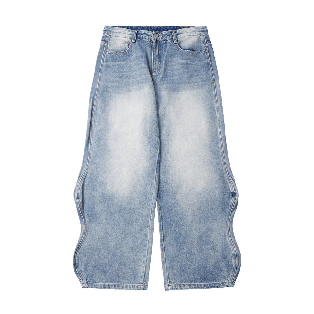 Washed Baggy Wide Leg Jeans in Light Blue - Retro Denim Pants