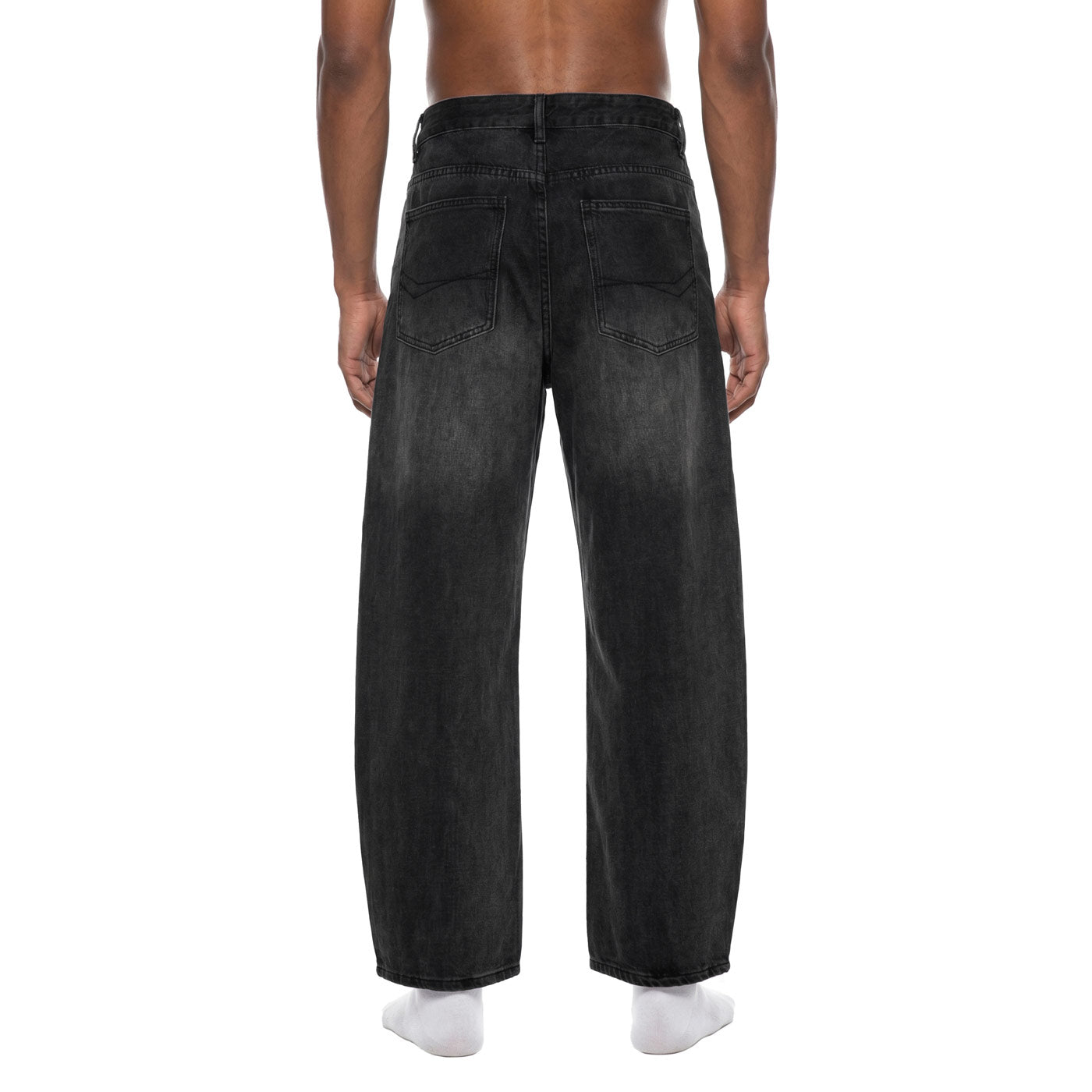 Back view of black balloon leg denim pants on model showing back patch pockets