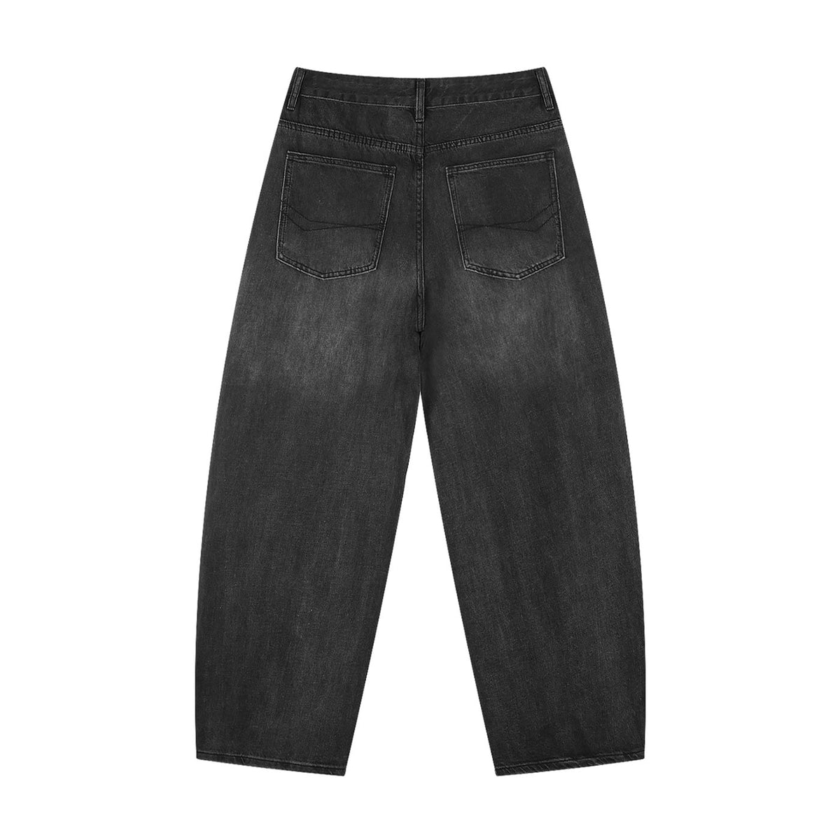 Flat lay of black baggy barrel denim pants, back view showing five-pocket design