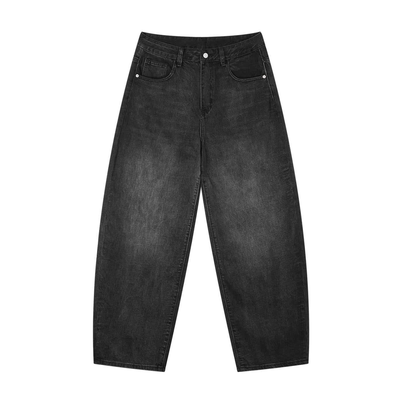 Flat lay of washed barrel jeans in black, front, with vintage wash and zip fly