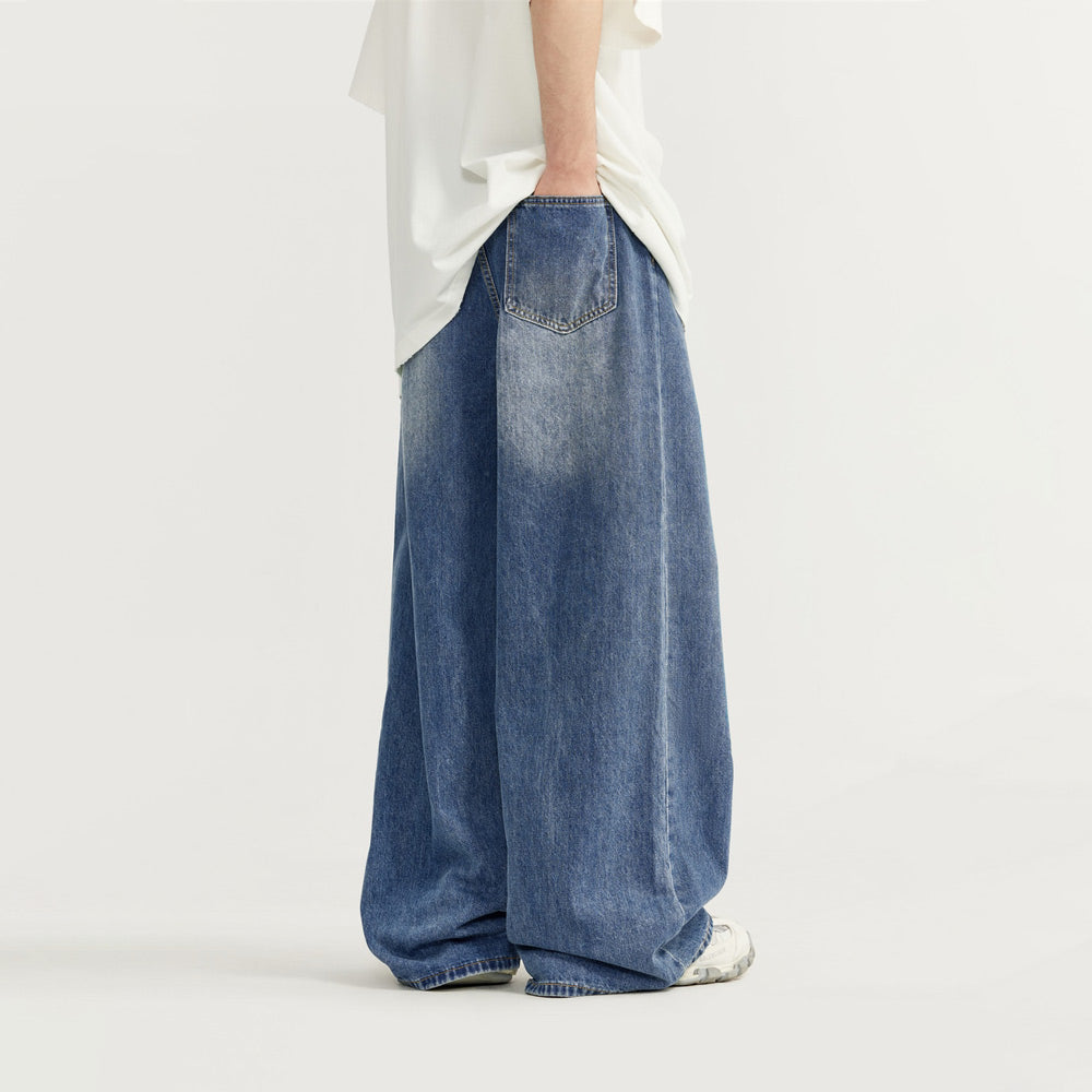 Blue Wide Leg Jeans - Trendy Washed Denim Pants for Men and Women
