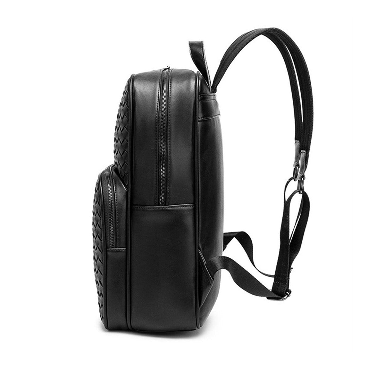 Side profile of waterproof leather backpack showing sleek design