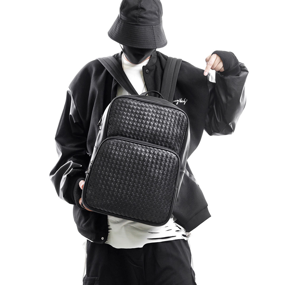 Stylish Urban Backpack: Woven Leather with Laptop Compartment in sleek black