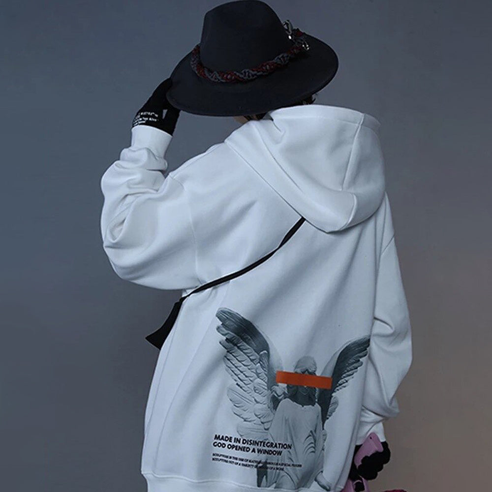 Model wearing white Angel Hoodie: Urban streetwear with classical art design