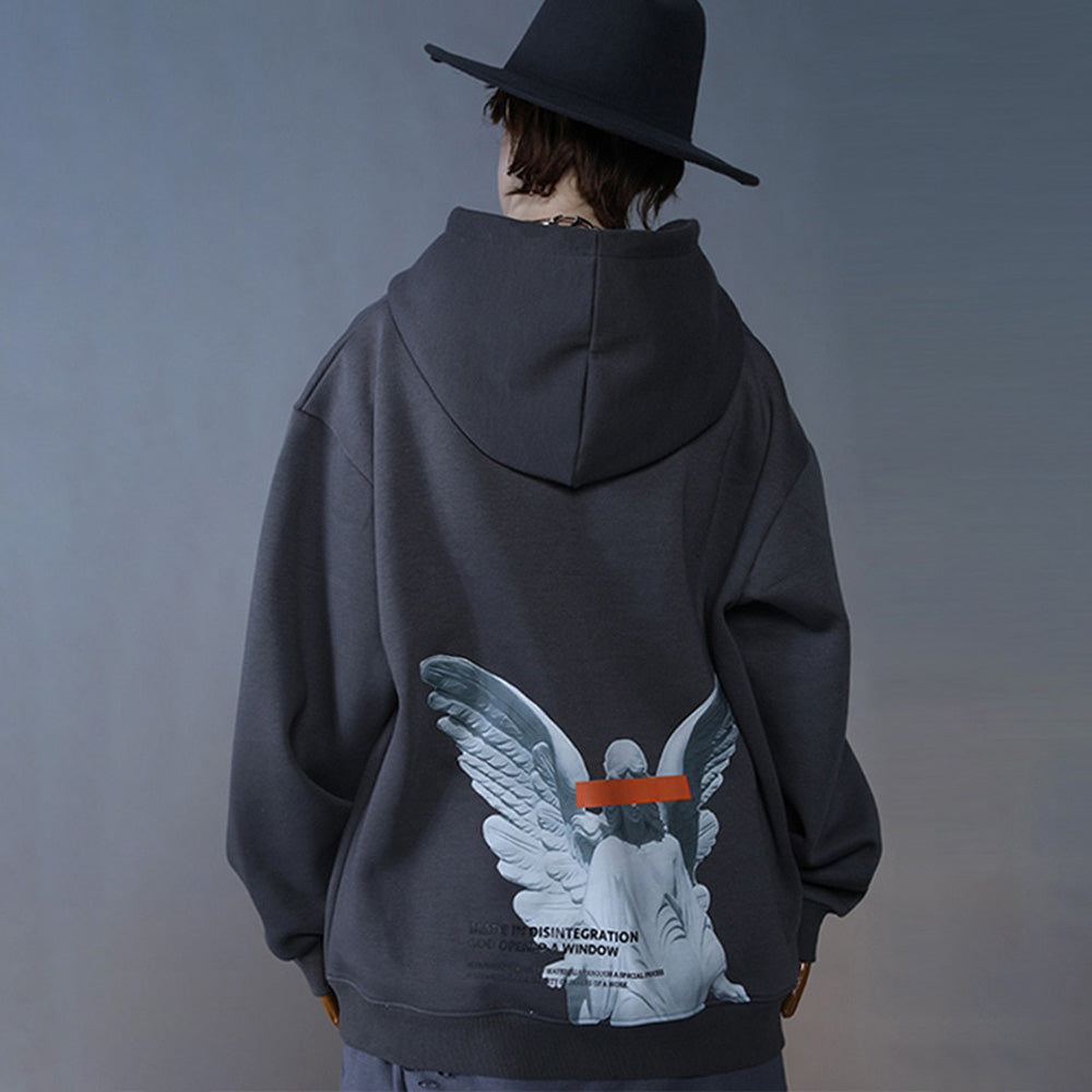 Detailed view of statue graphic on grey Angel Hoodie