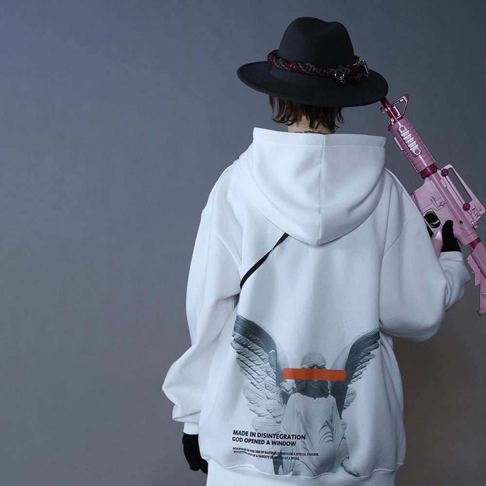 Close-up of statue graphic on white Angel Hoodie pullover