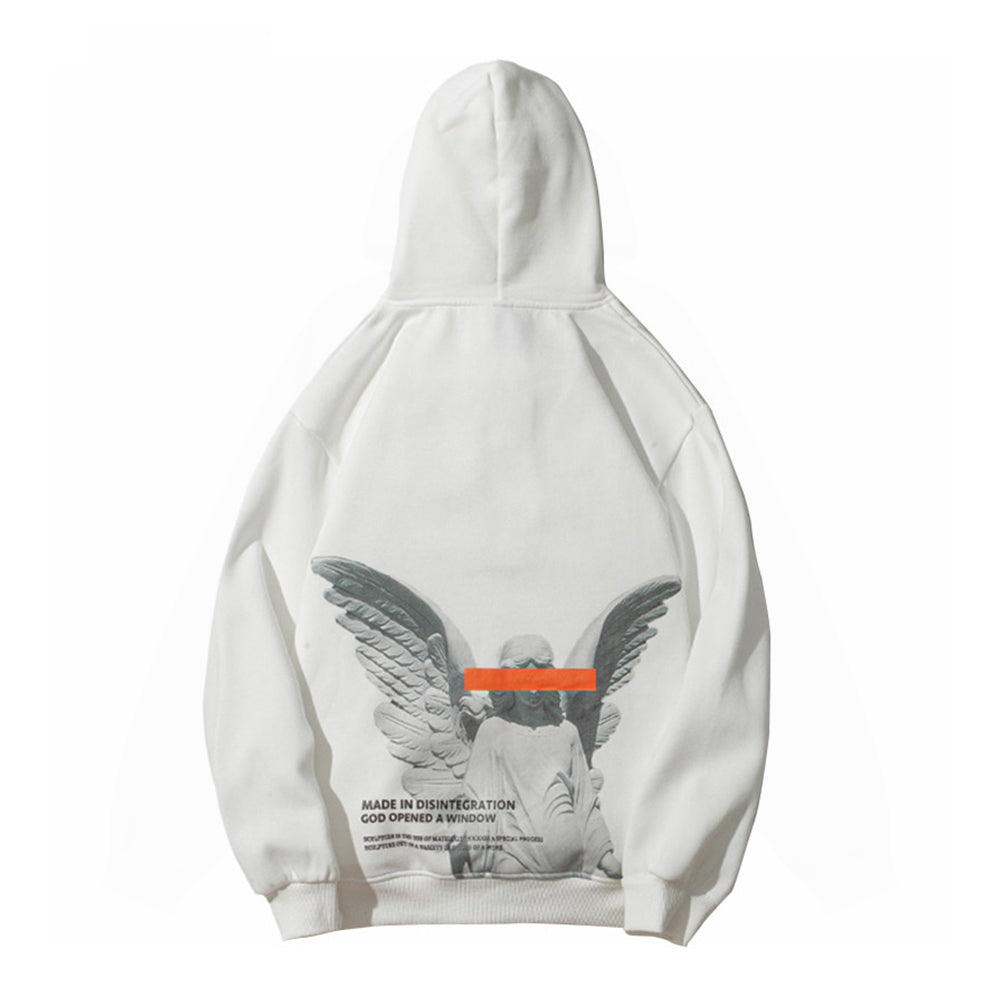 Back of white Angel Hoodie: Detailed statue graphic on hooded sweatshirt