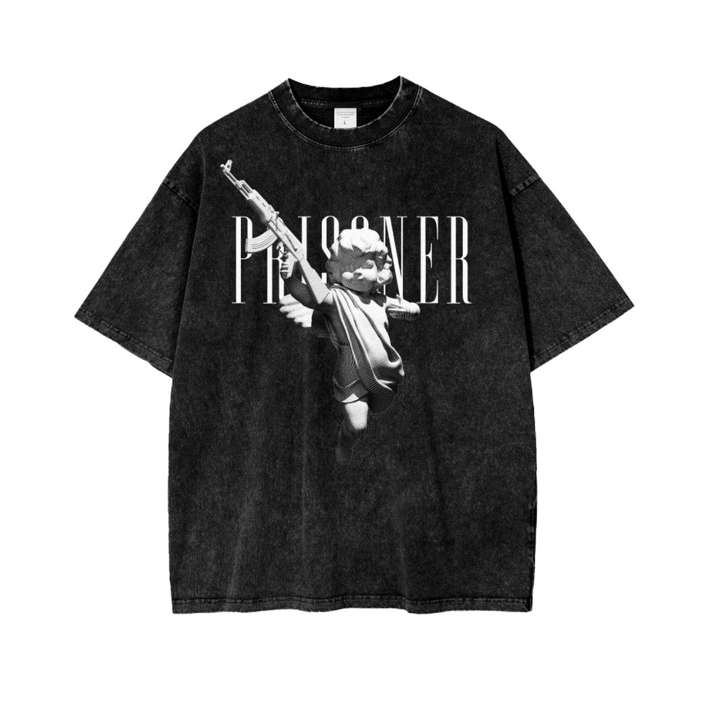 The Angel Acid Wash Oversized T-Shirt in Black - Cupid with AK-47 Tee