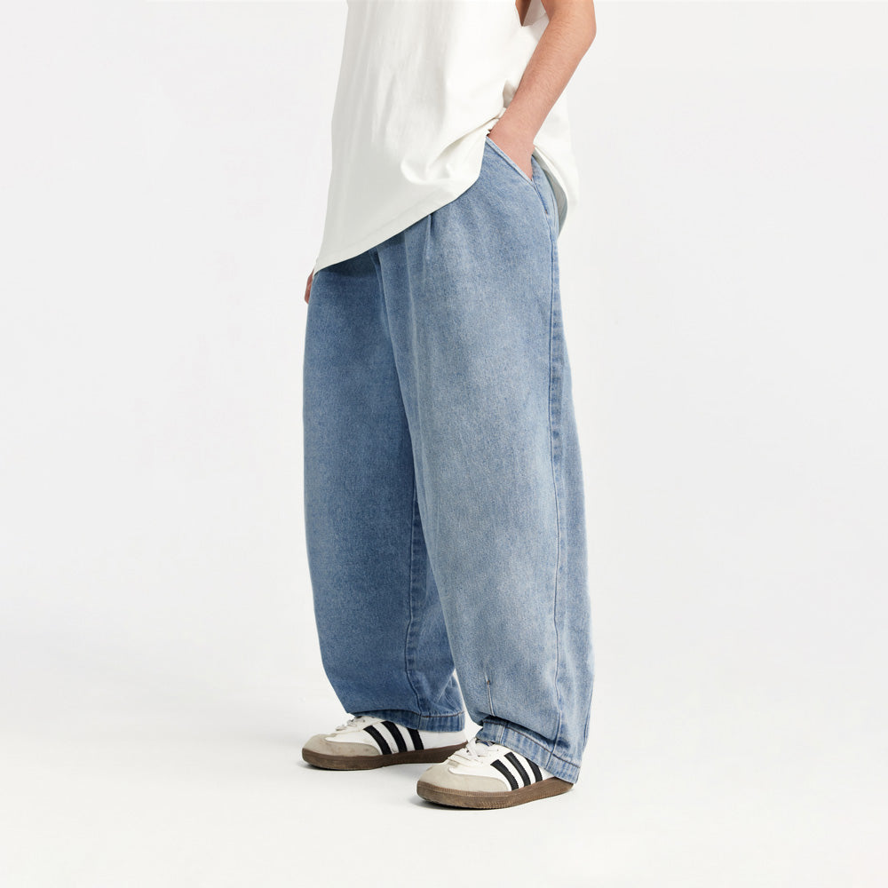 Blue Elastic Waist Jeans - Trendy Unisex Baggy Skater Denim Pants