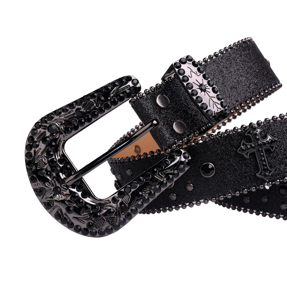 Black Rhinestone Cross Belt with Western Buckle - Stylish accessory for cowgirl fashion