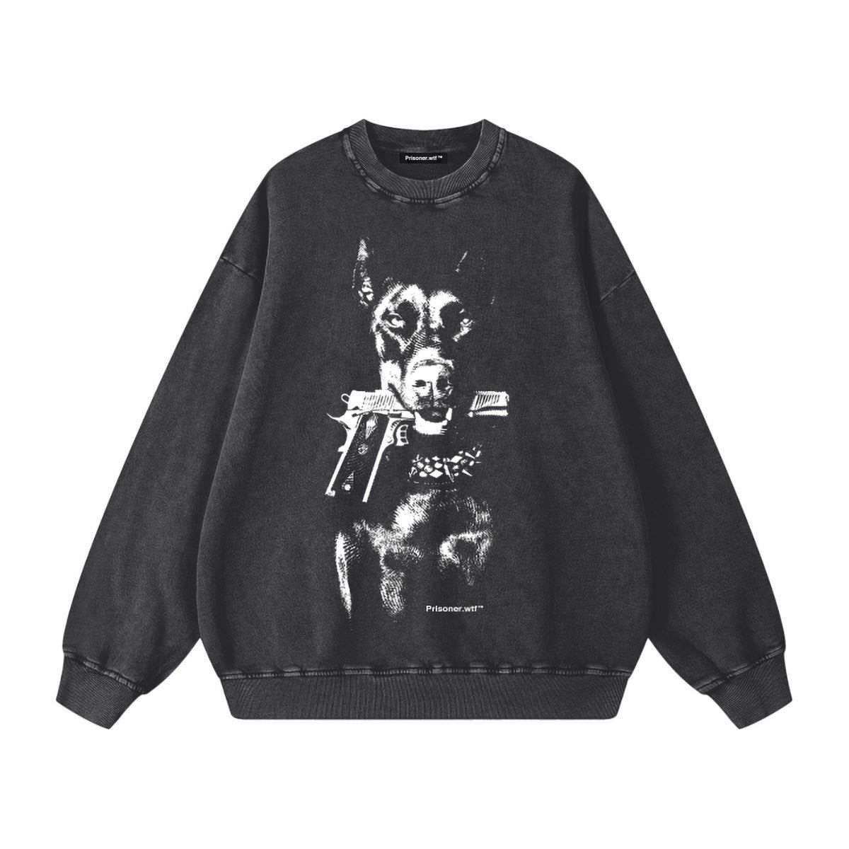 Doberman Acid Wash Sweatshirt with guard dog and gun graphic print - oversized vintage streetwear