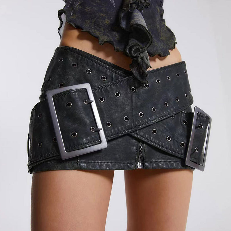 Faux Leather Cross Belt Mini Skirt in Black