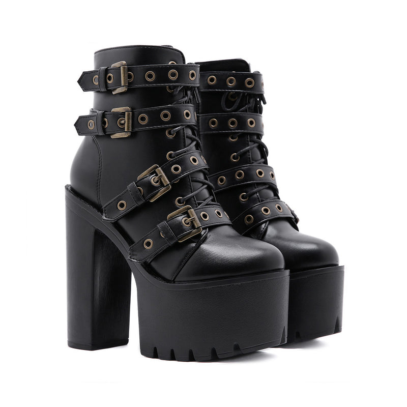 Gothic Ankle Platform Boots - Stylish Buckled Footwear
