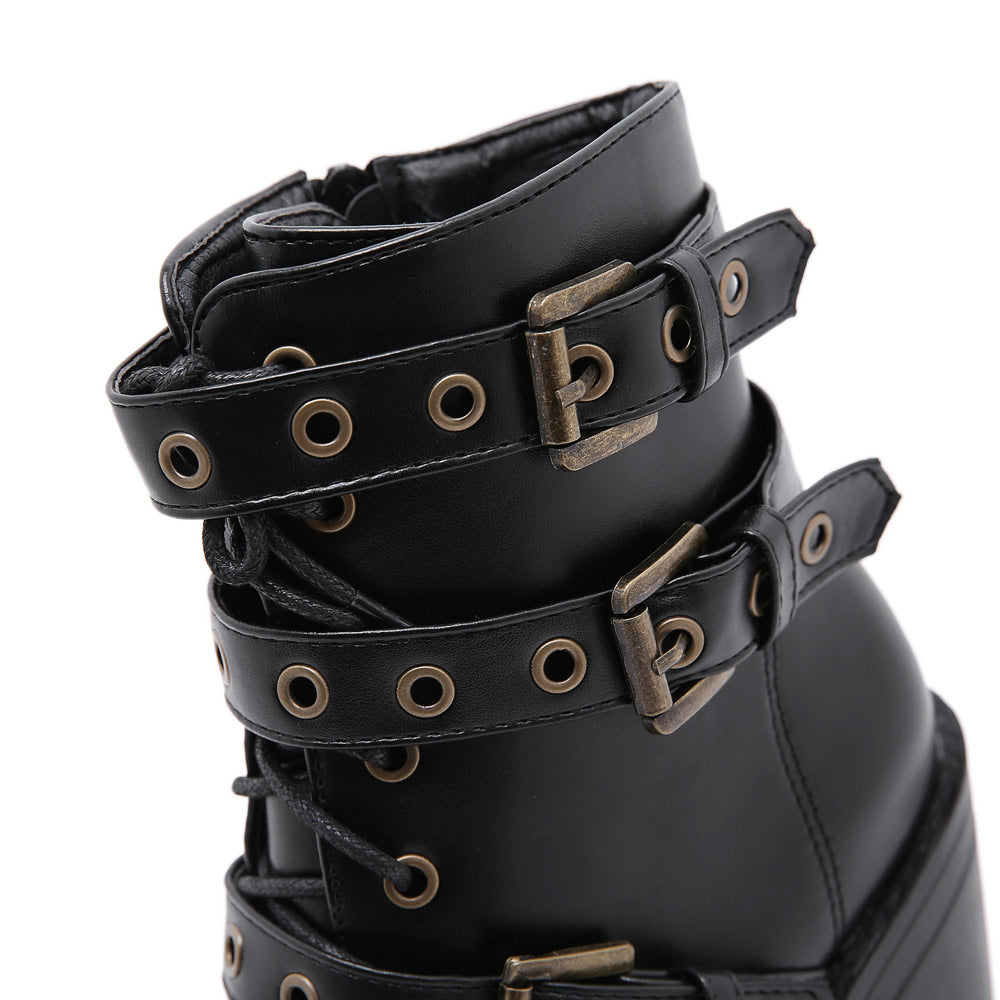 Dark Fashion Statement - Buckled Platform Booties