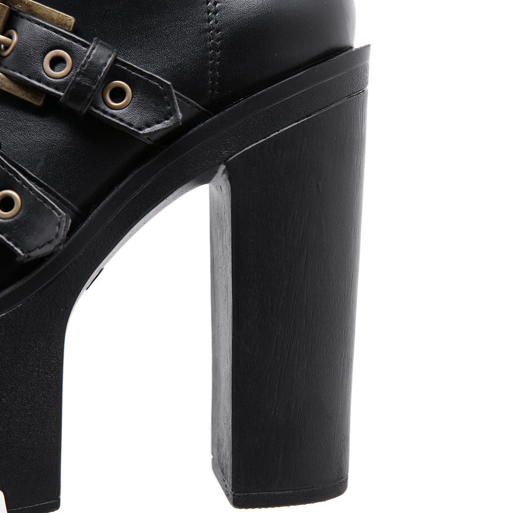 High-Heeled Gothic Ankle Platforms - Edgy Buckled Boots