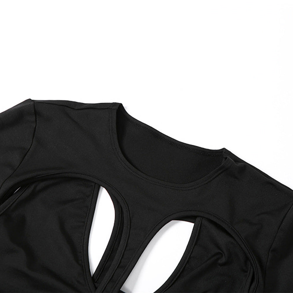 Hollow Out Long Sleeve Bodysuit in Black
