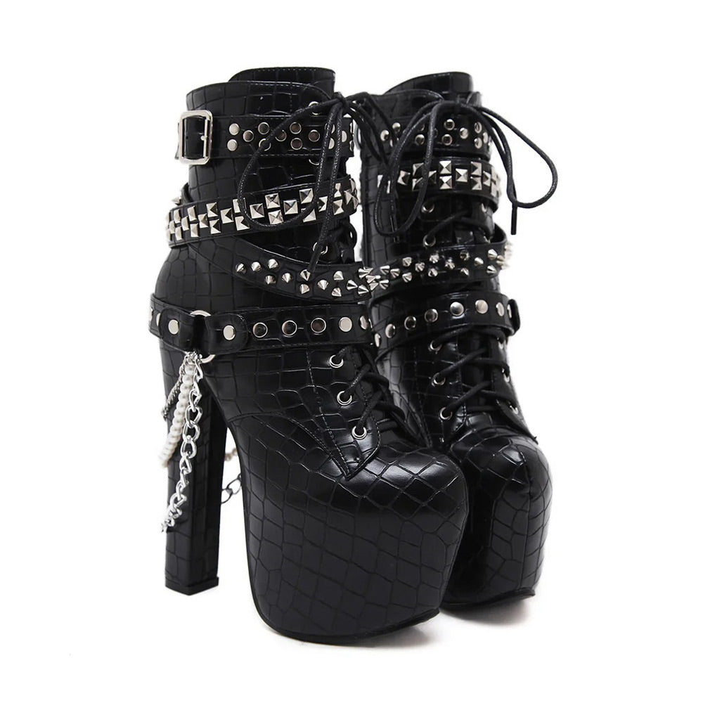 Lace Up Ankle High Heel Boots with Chains
