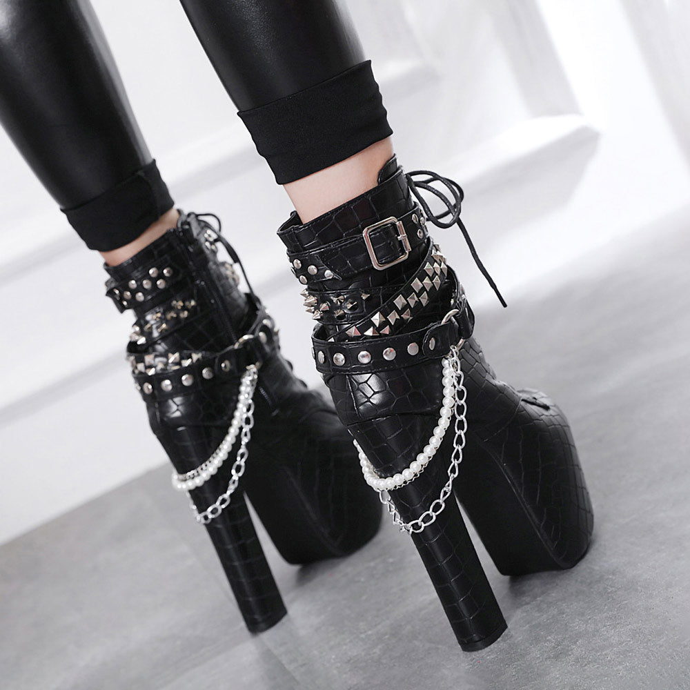 Lace Up Ankle High Heel Boots with Chains - Womens Punk Rock Shoes