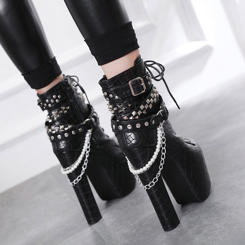 2023 Winter Women's Sexy Platform Lace-up Buckle White and Black High Heel  Ankle Boots Nightclub Dancing Shoes